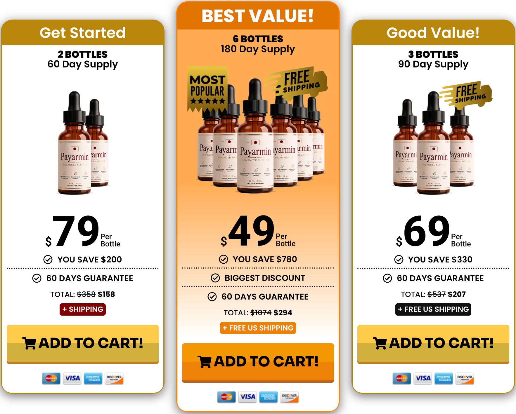 Payarmin™ packages: 2, 3 and 6 bottle bundles with prices