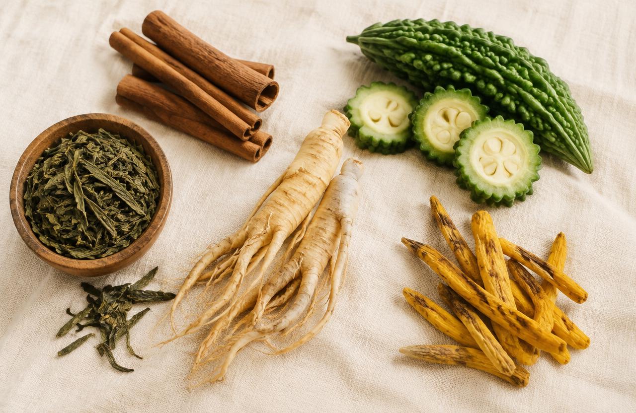 Botanicals commonly used in blood sugar support formulas: cinnamon, bitter melon, ginseng, green tea