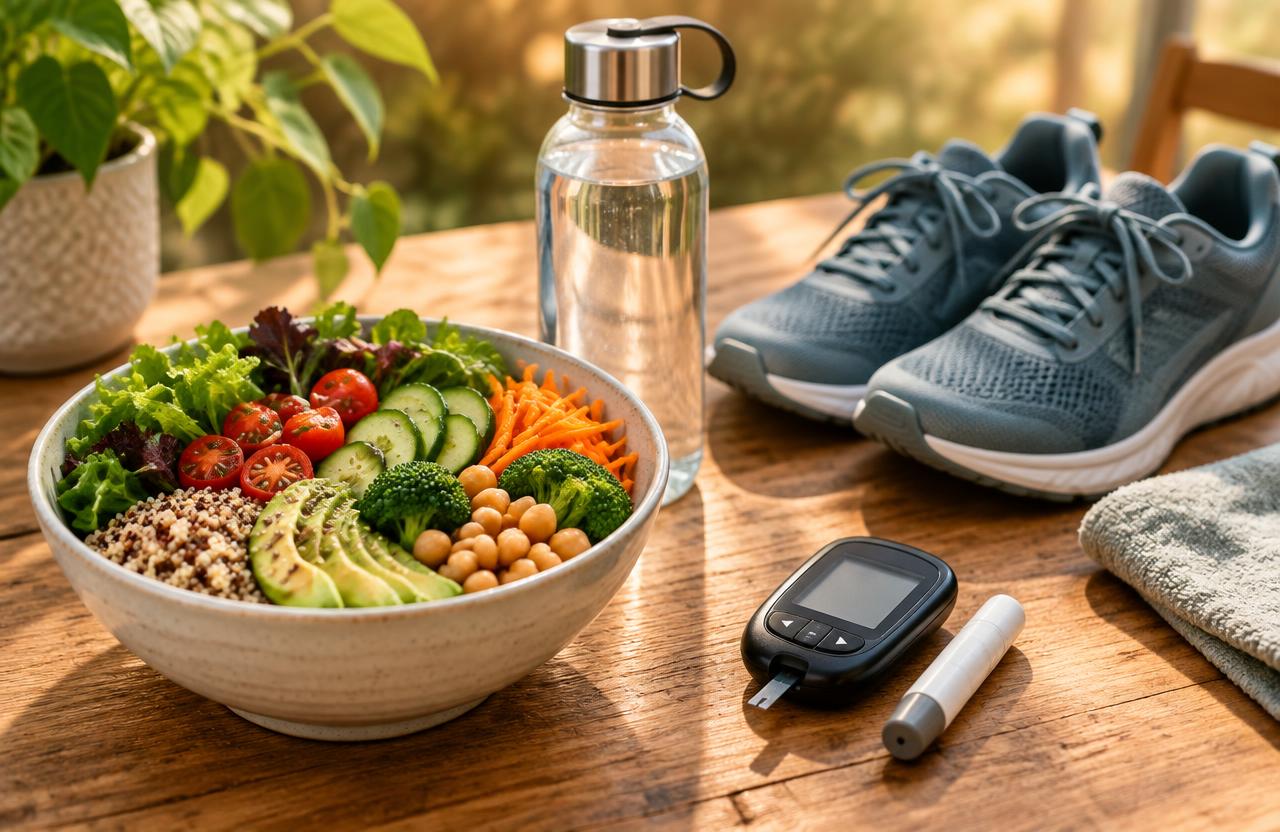 Balanced meal, water bottle, walking shoes and glucose meter