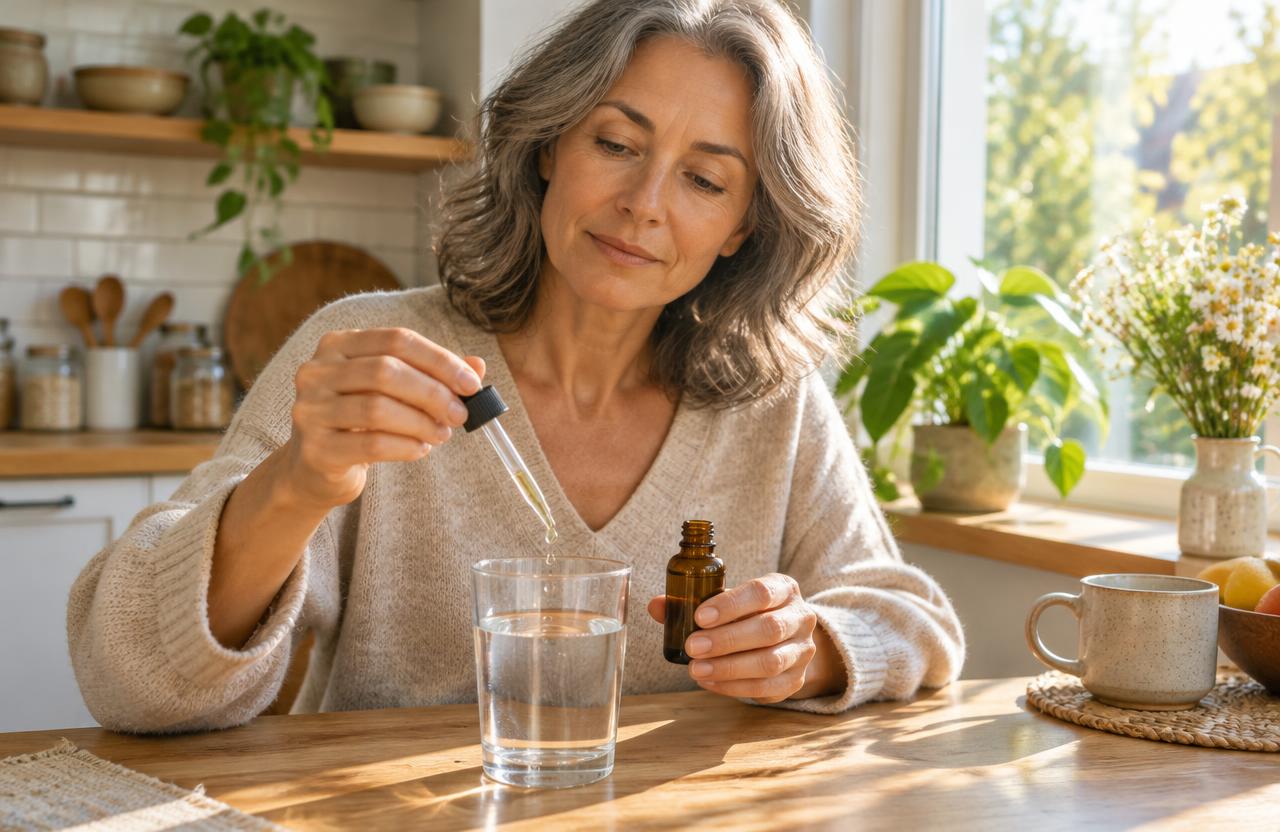 Woman adding Payarmin drops from a dropper into a glass of water